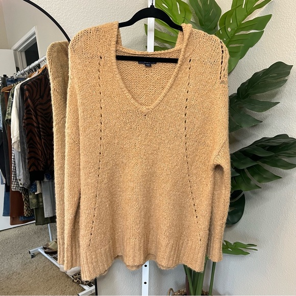 American Eagle Outfitters Sweaters - 🤎 American Eagle Hooded V-Neck Sweater | Open Knit Slouchy Tan Sz M
